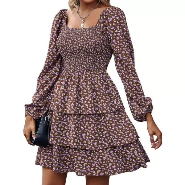 BTFBM Women Square Neck Smocked Dresses 2024 Summer Fall Long Sleeve Floral Swiss Dot Ruffle Party Mini Boho DressFloral Brown