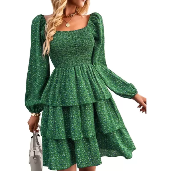 BTFBM Women Square Neck Smocked Dresses 2024 Summer Fall Long Sleeve Floral Swiss Dot Ruffle Party Mini Boho DressFloral Green Blue
