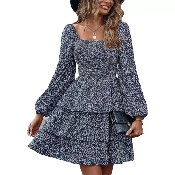 BTFBM Women Square Neck Smocked Dresses 2024 Summer Fall Long Sleeve Floral Swiss Dot Ruffle Party Mini Boho DressFloral Navy