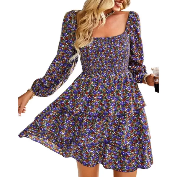 BTFBM Women Square Neck Smocked Dresses 2024 Summer Fall Long Sleeve Floral Swiss Dot Ruffle Party Mini Boho DressFloral Purple Red