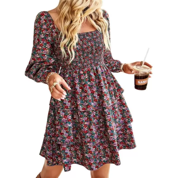 BTFBM Women Square Neck Smocked Dresses 2024 Summer Fall Long Sleeve Floral Swiss Dot Ruffle Party Mini Boho DressFloral Red Pink