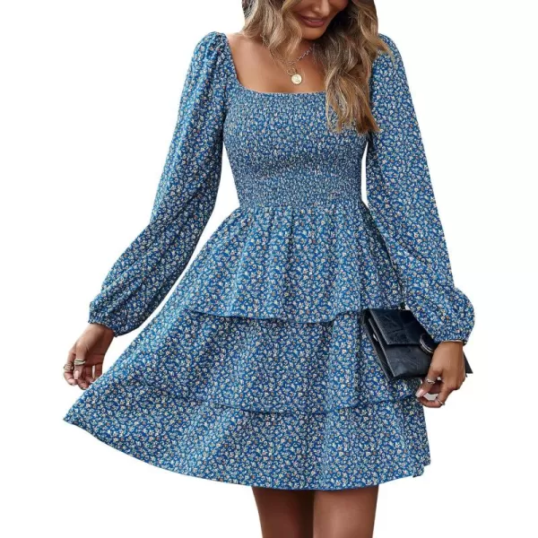 BTFBM Women Square Neck Smocked Dresses 2024 Summer Fall Long Sleeve Floral Swiss Dot Ruffle Party Mini Boho DressFloral Royal Blue