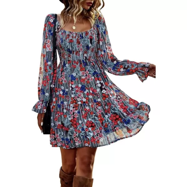 BTFBM Women Square Neck Smocked Dresses 2024 Summer Fall Long Sleeve Floral Swiss Dot Ruffle Party Mini Boho DressPrint Flower Red