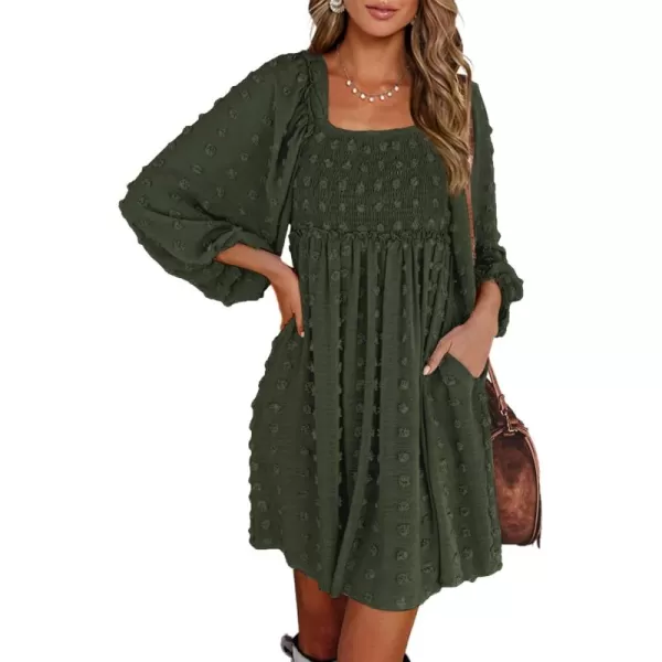 BTFBM Women Square Neck Smocked Dresses 2024 Summer Fall Long Sleeve Floral Swiss Dot Ruffle Party Mini Boho DressSwiss Dot Army Green