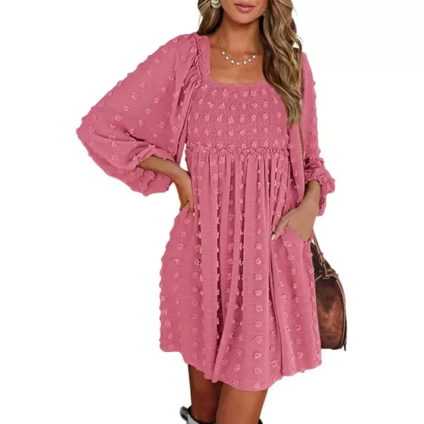BTFBM Women Square Neck Smocked Dresses 2024 Summer Fall Long Sleeve Floral Swiss Dot Ruffle Party Mini Boho DressSwiss Dot Bean Paste Red