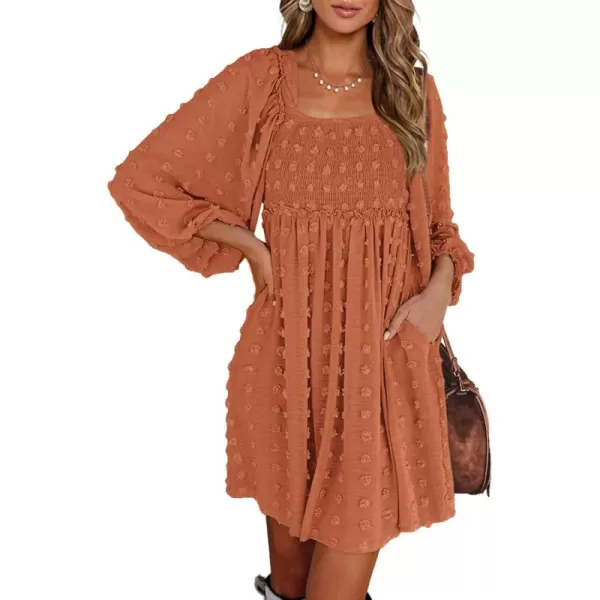 BTFBM Women Square Neck Smocked Dresses 2024 Summer Fall Long Sleeve Floral Swiss Dot Ruffle Party Mini Boho DressSwiss Dot Brown Orange