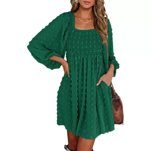 BTFBM Women Square Neck Smocked Dresses 2024 Summer Fall Long Sleeve Floral Swiss Dot Ruffle Party Mini Boho DressSwiss Dot Dark Green