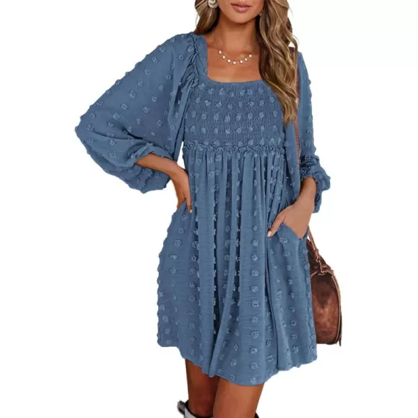BTFBM Women Square Neck Smocked Dresses 2024 Summer Fall Long Sleeve Floral Swiss Dot Ruffle Party Mini Boho DressSwiss Dot Grey Blue