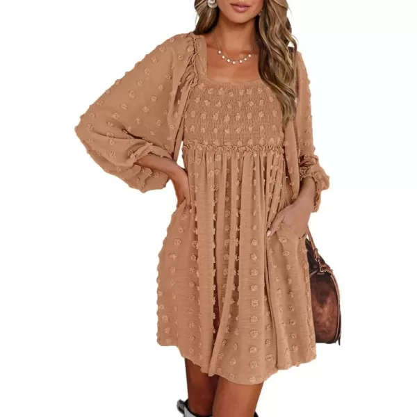 BTFBM Women Square Neck Smocked Dresses 2024 Summer Fall Long Sleeve Floral Swiss Dot Ruffle Party Mini Boho DressSwiss Dot Khaki