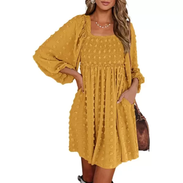 BTFBM Women Square Neck Smocked Dresses 2024 Summer Fall Long Sleeve Floral Swiss Dot Ruffle Party Mini Boho DressSwiss Dot Mustard Yellow