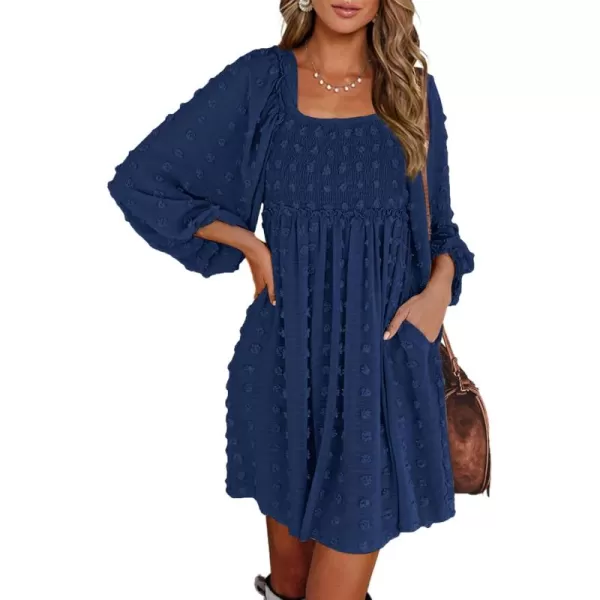 BTFBM Women Square Neck Smocked Dresses 2024 Summer Fall Long Sleeve Floral Swiss Dot Ruffle Party Mini Boho DressSwiss Dot Navy