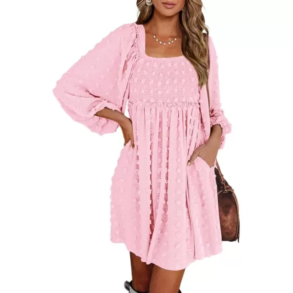 BTFBM Women Square Neck Smocked Dresses 2024 Summer Fall Long Sleeve Floral Swiss Dot Ruffle Party Mini Boho DressSwiss Dot Pink
