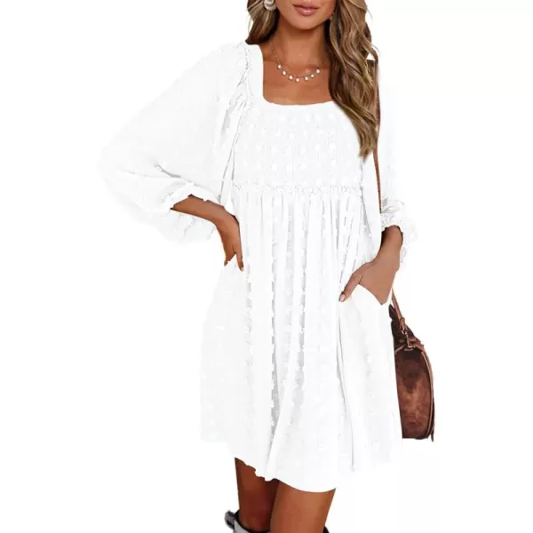 BTFBM Women Square Neck Smocked Dresses 2024 Summer Fall Long Sleeve Floral Swiss Dot Ruffle Party Mini Boho DressSwiss Dot White