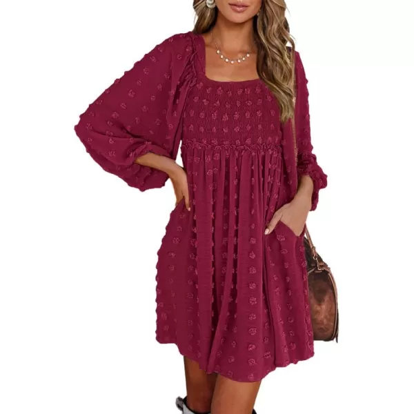 BTFBM Women Square Neck Smocked Dresses 2024 Summer Fall Long Sleeve Floral Swiss Dot Ruffle Party Mini Boho DressSwiss Dot Wine Red