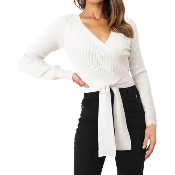 BTFBM Women Wrap Deep V Neck Cropped Sweaters Long Sleeve High Waist Tie Front Slim Fit Ribbed Knit Pullover Sweater TopSolid Beige White