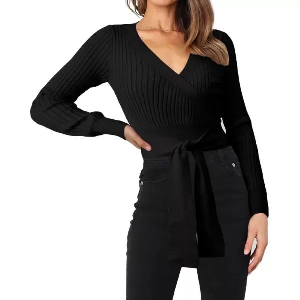 BTFBM Women Wrap Deep V Neck Cropped Sweaters Long Sleeve High Waist Tie Front Slim Fit Ribbed Knit Pullover Sweater TopSolid Black