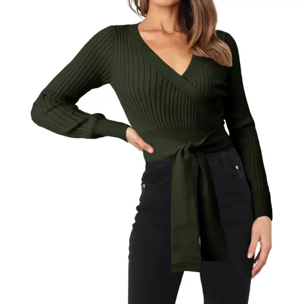BTFBM Women Wrap Deep V Neck Cropped Sweaters Long Sleeve High Waist Tie Front Slim Fit Ribbed Knit Pullover Sweater TopSolid Dark Army Green