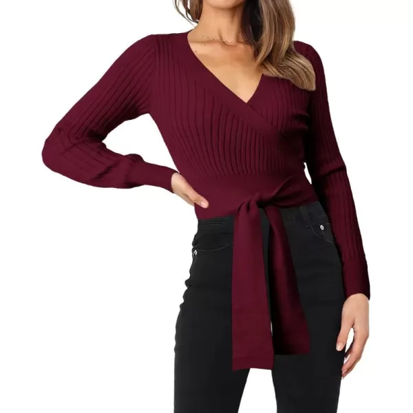 BTFBM Women Wrap Deep V Neck Cropped Sweaters Long Sleeve High Waist Tie Front Slim Fit Ribbed Knit Pullover Sweater TopSolid Dark Wine Red