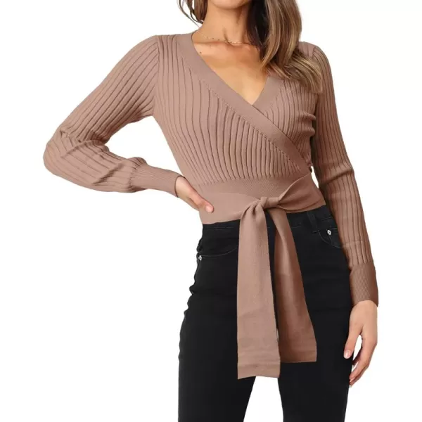 BTFBM Women Wrap Deep V Neck Cropped Sweaters Long Sleeve High Waist Tie Front Slim Fit Ribbed Knit Pullover Sweater TopSolid Khaki