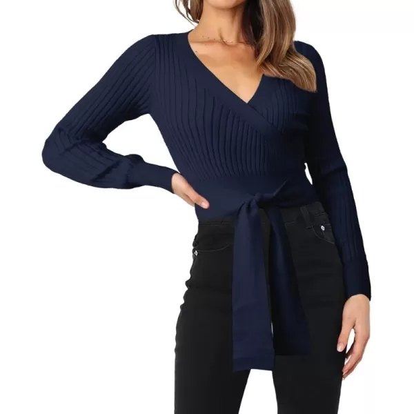 BTFBM Women Wrap Deep V Neck Cropped Sweaters Long Sleeve High Waist Tie Front Slim Fit Ribbed Knit Pullover Sweater TopSolid Navy
