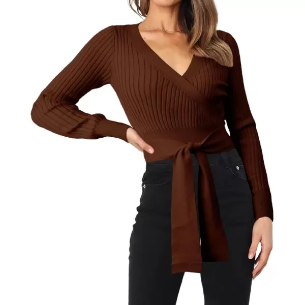 BTFBM Women Wrap Deep V Neck Cropped Sweaters Long Sleeve High Waist Tie Front Slim Fit Ribbed Knit Pullover Sweater TopSolid Red Brown