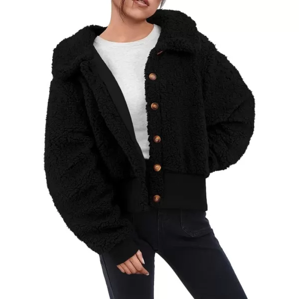 BTFBM Womens Button Down Sherpa Shacket Jacket Long Sleeve Faux Fur Warm Fall Winter Outwear Fuzzy Fleece Short CoatsSolid Black