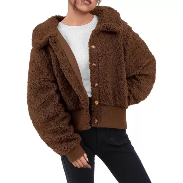 BTFBM Womens Button Down Sherpa Shacket Jacket Long Sleeve Faux Fur Warm Fall Winter Outwear Fuzzy Fleece Short CoatsSolid Coffee
