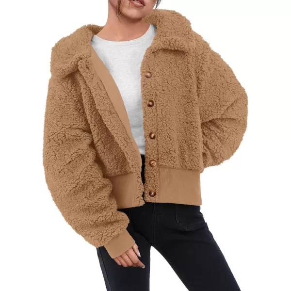 BTFBM Womens Button Down Sherpa Shacket Jacket Long Sleeve Faux Fur Warm Fall Winter Outwear Fuzzy Fleece Short CoatsSolid Khaki