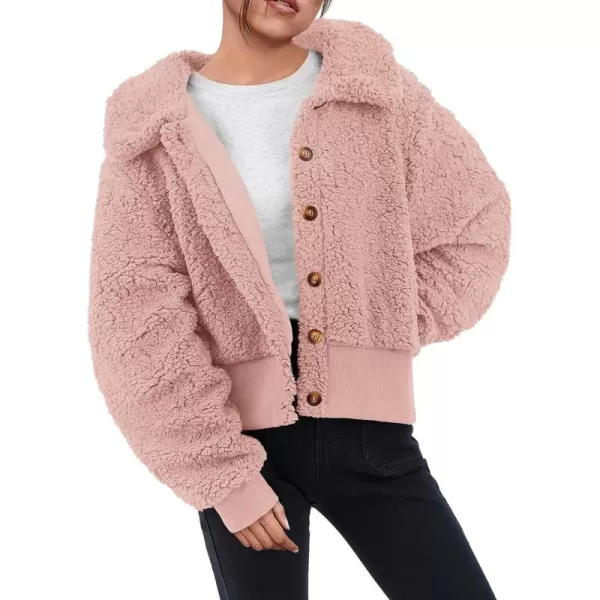 BTFBM Womens Button Down Sherpa Shacket Jacket Long Sleeve Faux Fur Warm Fall Winter Outwear Fuzzy Fleece Short CoatsSolid Shrimp Pink