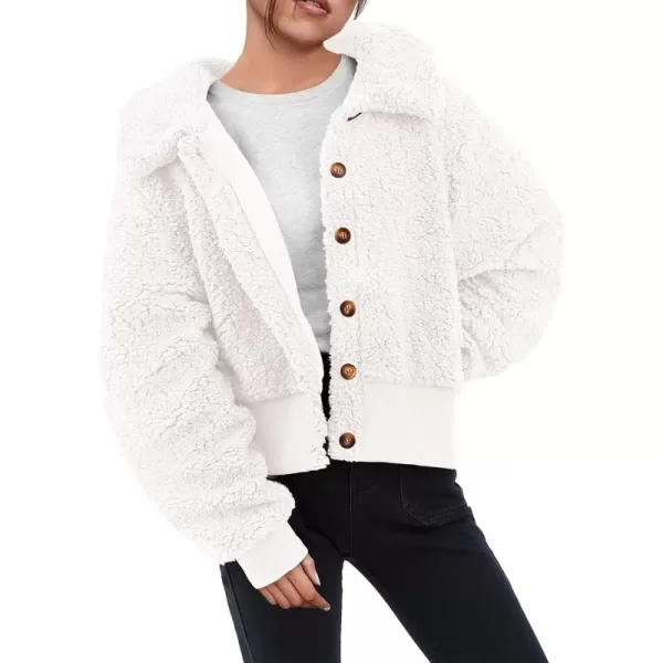BTFBM Womens Button Down Sherpa Shacket Jacket Long Sleeve Faux Fur Warm Fall Winter Outwear Fuzzy Fleece Short CoatsSolid White