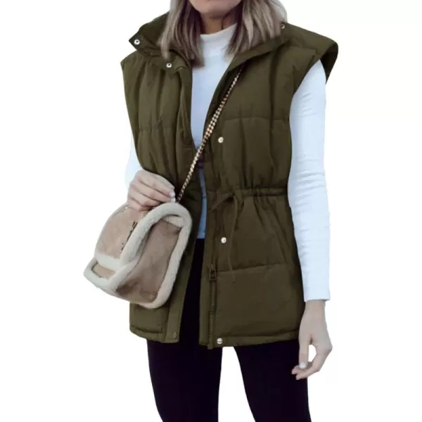 BTFBM Womens Casual Outerwear Vest Button Down Zip Up Padded Gilet Drawstring Sleeveless Jackets Coats with PocketsSolid Army Green