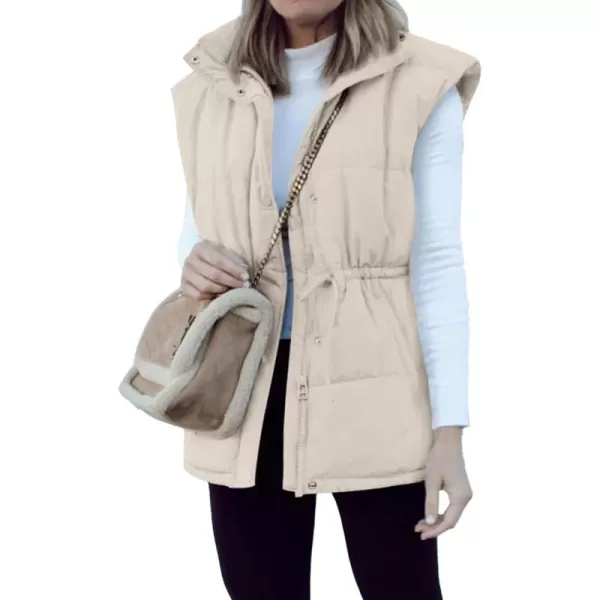 BTFBM Womens Casual Outerwear Vest Button Down Zip Up Padded Gilet Drawstring Sleeveless Jackets Coats with PocketsSolid Beige