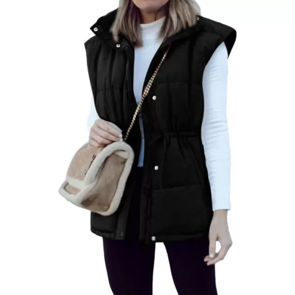 BTFBM Womens Casual Outerwear Vest Button Down Zip Up Padded Gilet Drawstring Sleeveless Jackets Coats with PocketsSolid Black