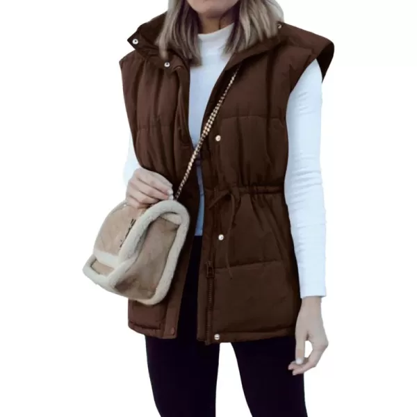 BTFBM Womens Casual Outerwear Vest Button Down Zip Up Padded Gilet Drawstring Sleeveless Jackets Coats with PocketsSolid Coffee