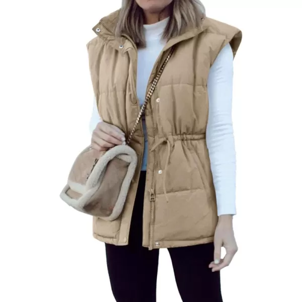 BTFBM Womens Casual Outerwear Vest Button Down Zip Up Padded Gilet Drawstring Sleeveless Jackets Coats with PocketsSolid Khaki