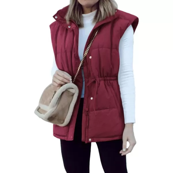 BTFBM Womens Casual Outerwear Vest Button Down Zip Up Padded Gilet Drawstring Sleeveless Jackets Coats with PocketsSolid Wine Red
