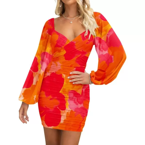 BTFBM Womens Elegant Ruched Bodycon Dresses Spring Summer Mesh Long Sleeve Cross V Neck Party Club Cocktail Mini DressBig Floral Orange Red