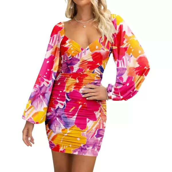 BTFBM Womens Elegant Ruched Bodycon Dresses Spring Summer Mesh Long Sleeve Cross V Neck Party Club Cocktail Mini DressBig Floral Red Purple