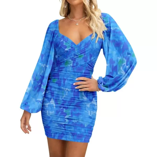 BTFBM Womens Elegant Ruched Bodycon Dresses Spring Summer Mesh Long Sleeve Cross V Neck Party Club Cocktail Mini DressPrint Blue
