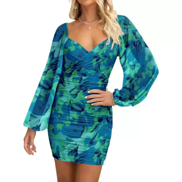 BTFBM Womens Elegant Ruched Bodycon Dresses Spring Summer Mesh Long Sleeve Cross V Neck Party Club Cocktail Mini DressPrint Green