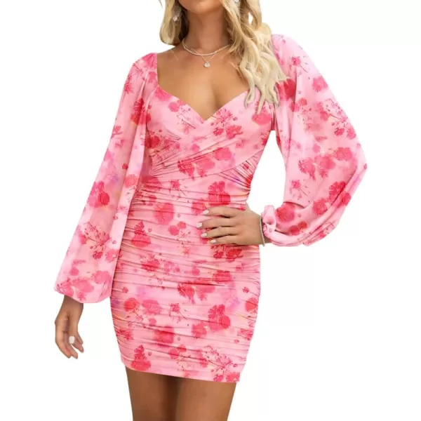 BTFBM Womens Elegant Ruched Bodycon Dresses Spring Summer Mesh Long Sleeve Cross V Neck Party Club Cocktail Mini DressPrint Pink