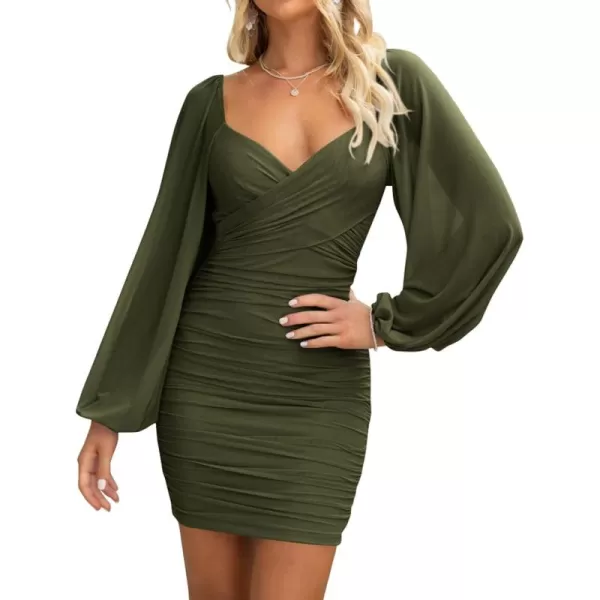 BTFBM Womens Elegant Ruched Bodycon Dresses Spring Summer Mesh Long Sleeve Cross V Neck Party Club Cocktail Mini DressSolid Army Green