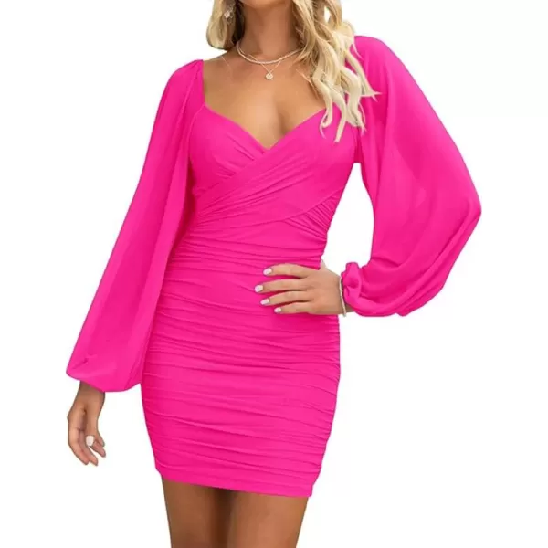 BTFBM Womens Elegant Ruched Bodycon Dresses Spring Summer Mesh Long Sleeve Cross V Neck Party Club Cocktail Mini DressSolid Rose Red