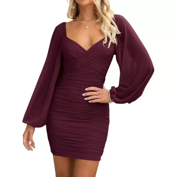 BTFBM Womens Elegant Ruched Bodycon Dresses Spring Summer Mesh Long Sleeve Cross V Neck Party Club Cocktail Mini DressSolid Wine Red
