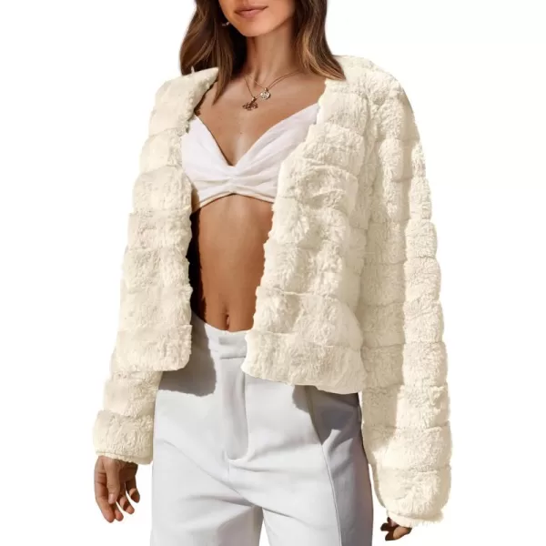 BTFBM Womens Faux Fur Cropped Jacket 2024 Fall Winter Fashion Soft Long Sleeve Open Front Fluffy Short Coat OuterwearSolid Apricot
