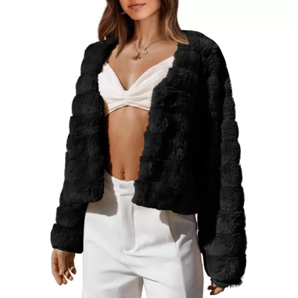 BTFBM Womens Faux Fur Cropped Jacket 2024 Fall Winter Fashion Soft Long Sleeve Open Front Fluffy Short Coat OuterwearSolid Black