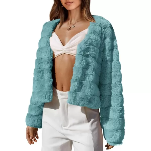BTFBM Womens Faux Fur Cropped Jacket 2024 Fall Winter Fashion Soft Long Sleeve Open Front Fluffy Short Coat OuterwearSolid Blue Green