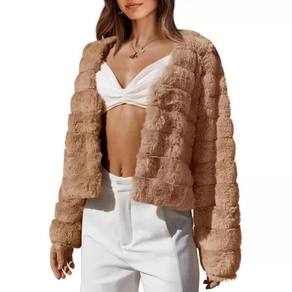 BTFBM Womens Faux Fur Cropped Jacket 2024 Fall Winter Fashion Soft Long Sleeve Open Front Fluffy Short Coat OuterwearSolid Brown