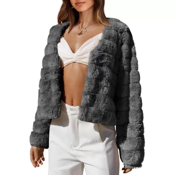 BTFBM Womens Faux Fur Cropped Jacket 2024 Fall Winter Fashion Soft Long Sleeve Open Front Fluffy Short Coat OuterwearSolid Dark Grey