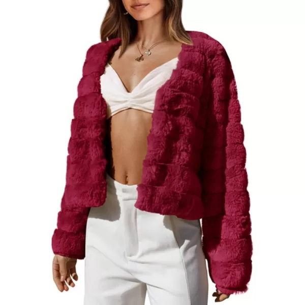 BTFBM Womens Faux Fur Cropped Jacket 2024 Fall Winter Fashion Soft Long Sleeve Open Front Fluffy Short Coat OuterwearSolid Dark Red
